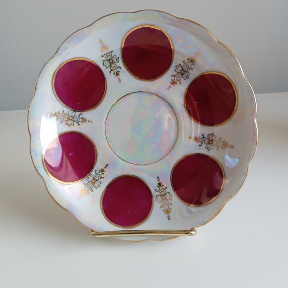Lusterware Iridescent Pearl Glaze Footed Teacup & Saucer With Large Polka Dots - Picture 6 of 8